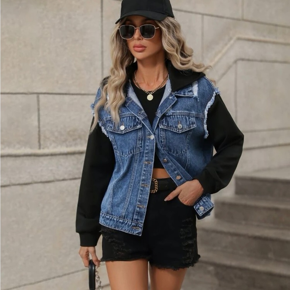 Colorblock Raw Trim Drop Shoulder Hooded Denim Jacket